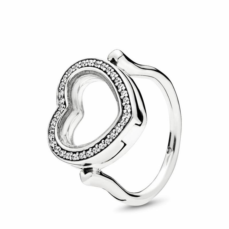 Sparkling Pandora Floating Heart Locket Statement Ring - Sterling Silver/Glass/Cubic Zirconia - Cana